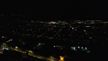 Night Aerial View of Illuminated British City. Drone's Footage of Luton Town of England at Night
