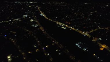 Night Aerial View of Illuminated British City. Drone's Footage of Luton Town of England at Night