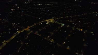 Night Aerial View of Illuminated British City. Drone's Footage of Luton Town of England at Night