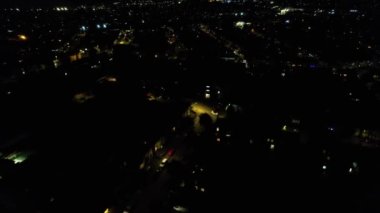 Night Aerial View of Illuminated British City. Drone's Footage of Luton Town of England at Night
