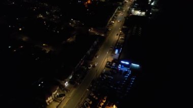 Night Aerial View of Illuminated British City. Drone's Footage of Luton Town of England at Night