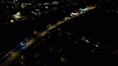 Night Aerial View of Illuminated British City. Drone's Footage of Luton Town of England at Night