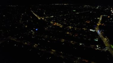 Night Aerial View of Illuminated British City. Drone's Footage of Luton Town of England at Night