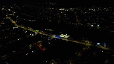 Night Aerial View of Illuminated British City. Drone's Footage of Luton Town of England at Night
