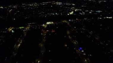 Night Aerial View of Illuminated British City. Drone's Footage of Luton Town of England at Night