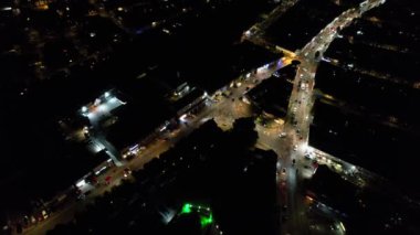 Night Aerial View of Illuminated British City. Drone's Footage of Luton Town of England at Night