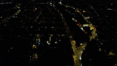 Night Aerial View of Illuminated British City. Drone's Footage of Luton Town of England at Night