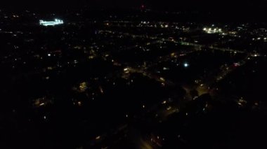 Night Aerial View of Illuminated British City. Drone's Footage of Luton Town of England at Night