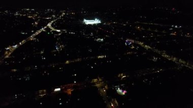Night Aerial View of Illuminated British City. Drone's Footage of Luton Town of England at Night