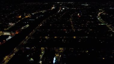 Night Aerial View of Illuminated British City. Drone's Footage of Luton Town of England at Night