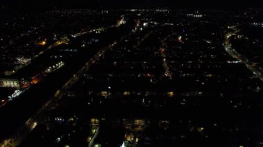 Night Aerial View of Illuminated British City. Drone's Footage of Luton Town of England at Night