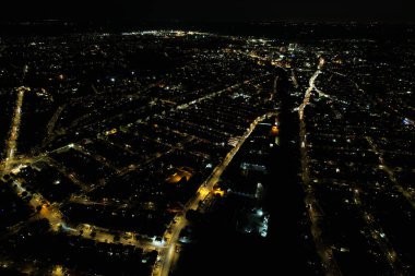 Night Aerial Footage of Luton City of England. Drone's Night Flight over Luton Town of England. it was Asian wedding when they were enjoying the party and live fireworks, (high angle view with drone's camera)