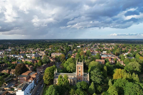 Beautiful High Angle View of St Albans Town Centre of England, Great Britain UK. Residential and downtown buildings image captured on 07th Sep 2022. Drone's point of view.