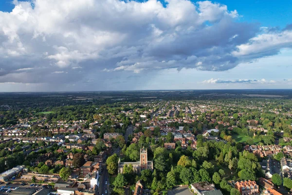 Beautiful High Angle View of St Albans Town Centre of England, Great Britain UK. Residential and downtown buildings image captured on 07th Sep 2022. Drone's point of view.