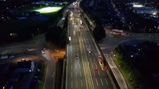 Aerial View British Motorways Fast Moving Traffic Peak Time J11 — Vídeos de Stock