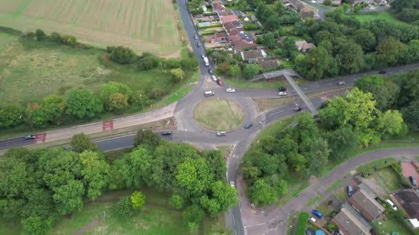 Aerial View British Motorways Fast Moving Traffic Peak Time J11 — Stockvideo