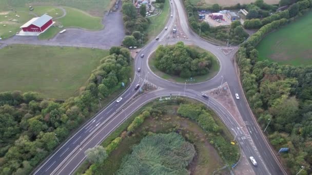 Aerial View British Motorways Fast Moving Traffic Peak Time J11 — Stockvideo