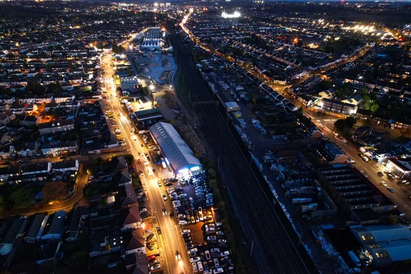 Krásný Letecký Pohled Britské Město Silnice Noci Drone High Angle — Stock fotografie