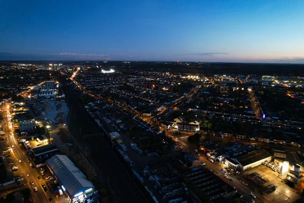 Bela Vista Aérea Cidade Britânica Estradas Noite Filmagem Alto Ângulo — Fotografia de Stock