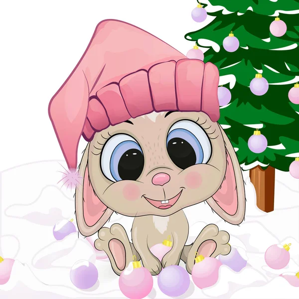 Tavşan kışın Noel ağacını süslüyor.