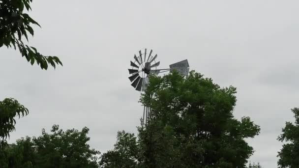 Old Steel Windmill Overcast Calm Day Farm — Video