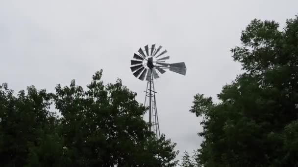 Old Steel Windmill Overcast Calm Day Farm — Stock video