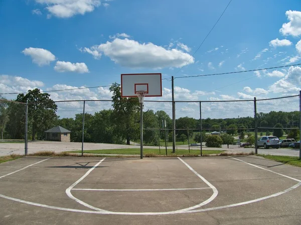 Decent outdoor full court in Paola Kansas on a hot sunny Summer day. Try your luck shooting hoops and hit a three point shot.