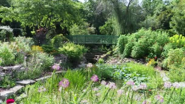 Green Bridge Middle Flower Garden Overland Park Kansas Hot Sunny — Stock Video