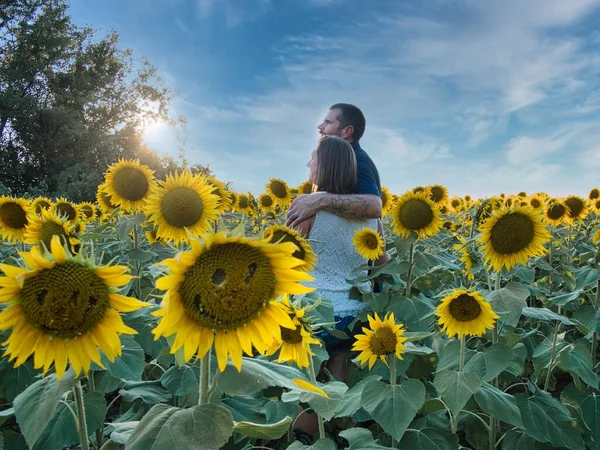 Mavi gömlekli bir adam, güzel bir Lawrence Kansas ayçiçeği tarlasının ortasında dururken beyaz gömlekli bir kadına sarılıyor.