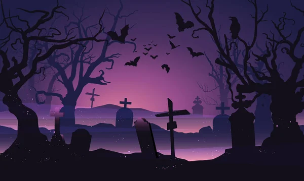 Old cemetery in scary forest, magic sparkles, fog, scary trees and tombstones, halloween background