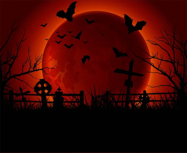 Halloween Background Old Graveyard Background Blood Moon Scary Trees Bats — Vetor de Stock
