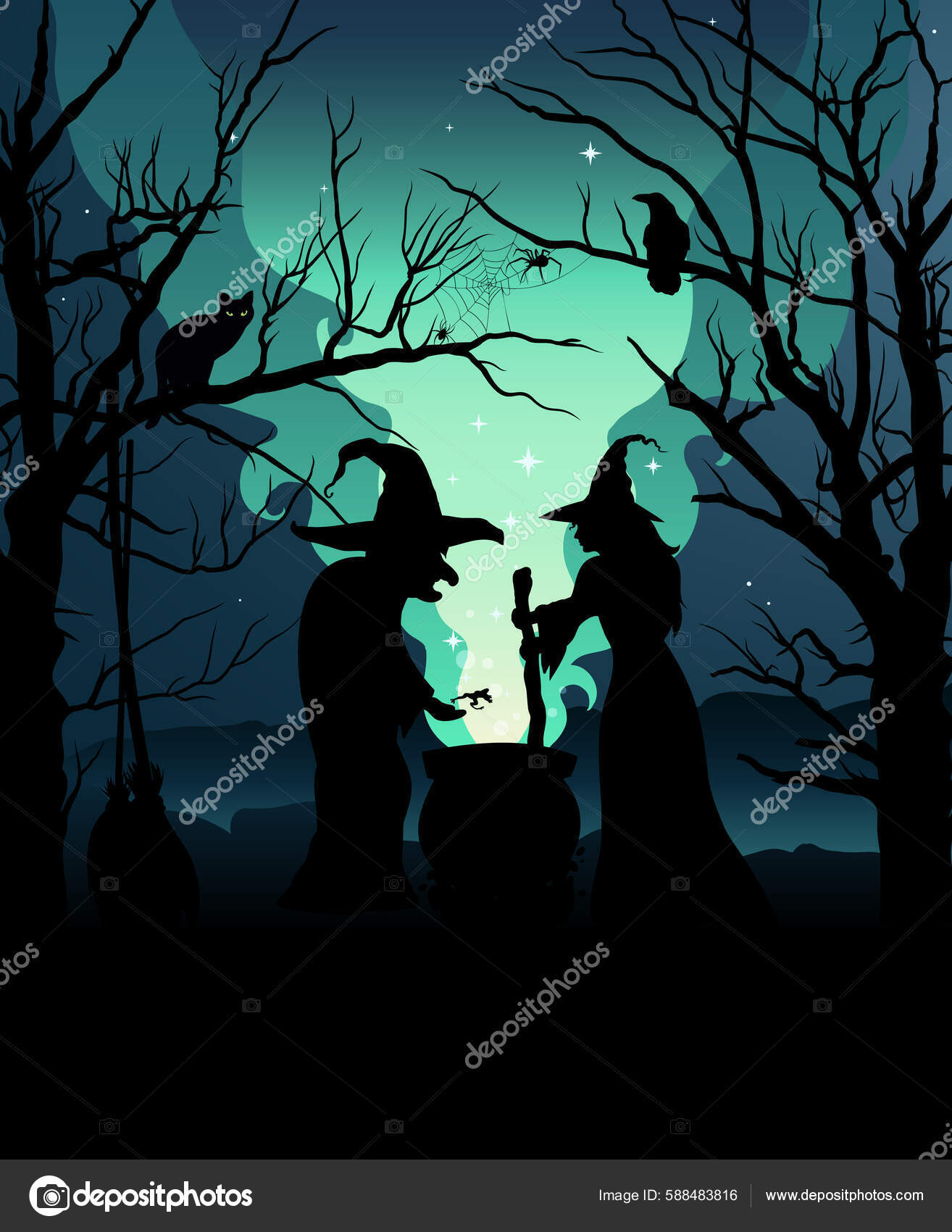 Silhouette Witches Making Potion Cauldron Halloween Background Stock Vector  by ©IrynaShek 588483816, image size:1314x1700