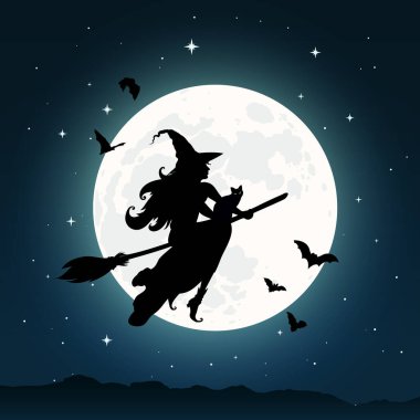 witch flying on broomstick at the moon night sky background