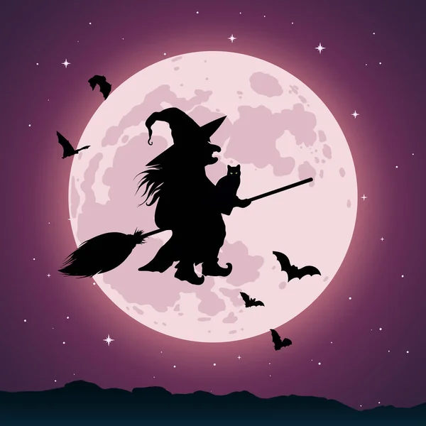 Old Witch Flying Broomstick Cat Full Moon Background Stars Bats — ストックベクタ