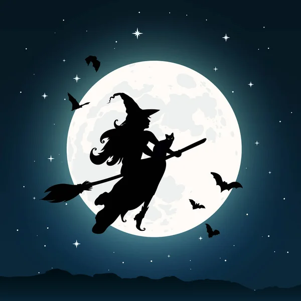 Witch Flying Broomstick Moon Night Sky Background — ストックベクタ