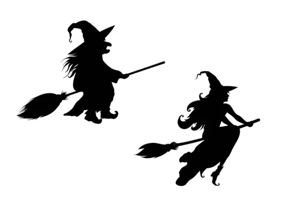 Silhouette Beautiful Witch Old Witch Flies Broomstick — Stockvektor