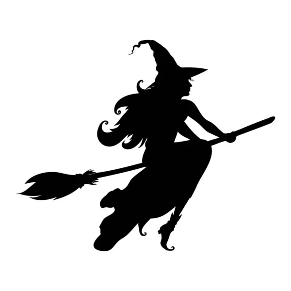 Silhouette Beautiful Witch Flies Broomstick — ストックベクタ