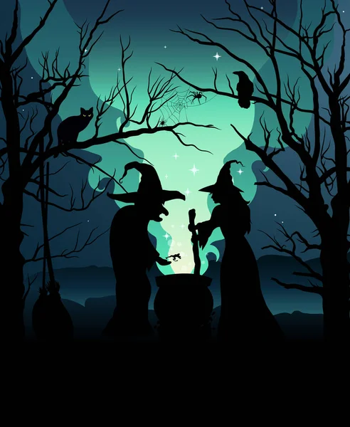 Silhouette Witches Making Potion Cauldron Halloween Background — ストックベクタ