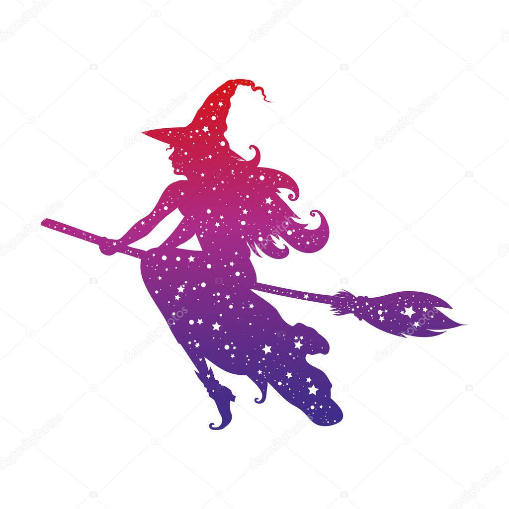 Wizard, young beautiful witch flying on magical broomstick.