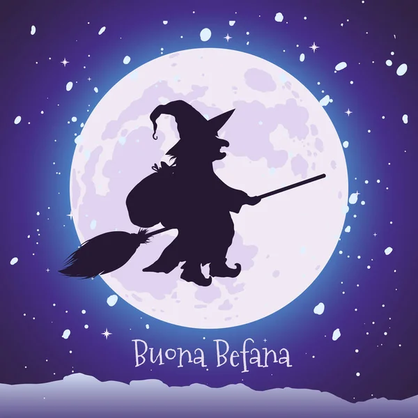 Good Witch Flying Broom Festa Della Epiphany Buona Befana Greeting — ストックベクタ