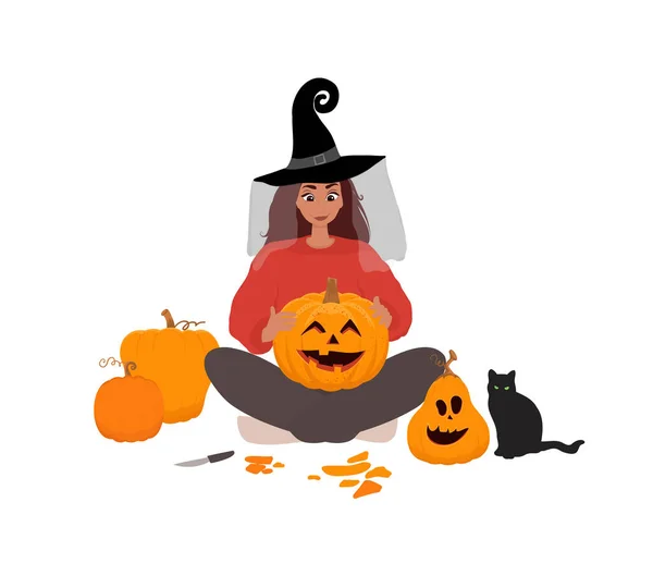 Woman Cute Girl Dressed Witch Carving Pumpkin Lanterns Halloween Celebration — 스톡 벡터