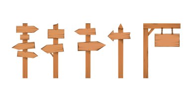 Tahta tabelalar, oklar, tahtalar ve kalaslar. Boş işaret seti, arkaplandan izole edilmiş çizgi film düz vektör çizimi. Yönlendirme tahtası, çeşitli yol bulma eski işaret levhası