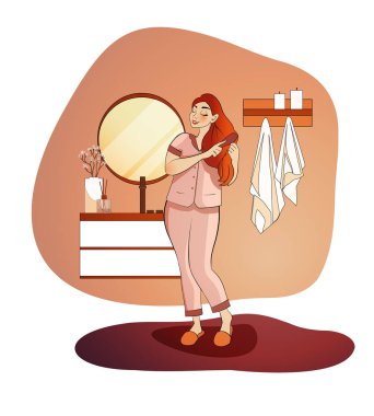 Günlük rutin. Banyo aynasının yanında duran bir kadın saçlarını tarıyor. Tarakla saç stili yapan bir kadın. Güzellik bakımı. Gülümseyen bayan. Çizgi film düz vektör çizimi