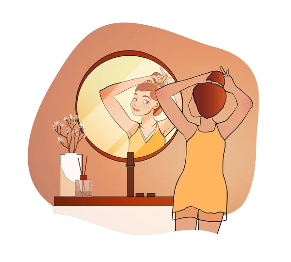 Daily Routine Happy Woman Tie Her Hair Bun Bathroom Cartoon — 图库矢量图片