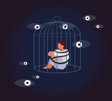 Bağlı bir kadın korku ve fobilerle dolu bir kafeste oturuyor. Sosyal fobi, paranoya, şizofreni. Psikolojik sorunlar. Akıl sağlığı koleksiyonu. Düz vektör rahatsızlığı