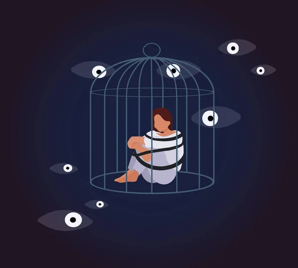 Woman Tied Sits Cage Fears Phobias Social Phobia Paranoia Schizophrenia — Image vectorielle