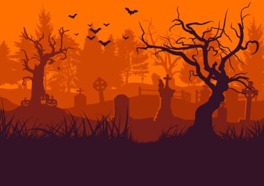 old cemetery with sary trees, pumpkins, forest and croses, tombstones