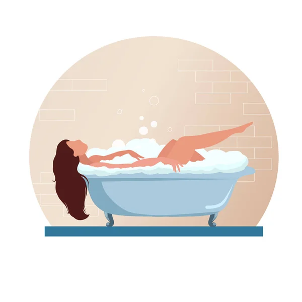 Woman Taking Bath Soap Foam Bubbles Relaxed Bath Body Care — Διανυσματικό Αρχείο