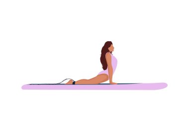 Yoga sup boarding. Paddle board and woman practicing yoga in Upward-Facing Dog pose