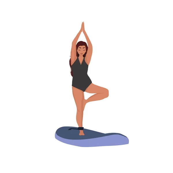 Woman Tree Pose Practicing Yoga Sup Board — Stock Vector